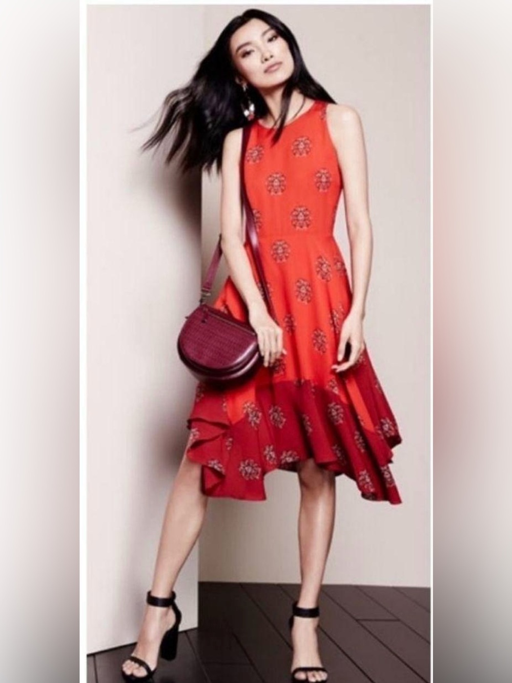 A.L.C. Red Silk Elisa Crest-Print Handkerchief Hem Dress - Size 2